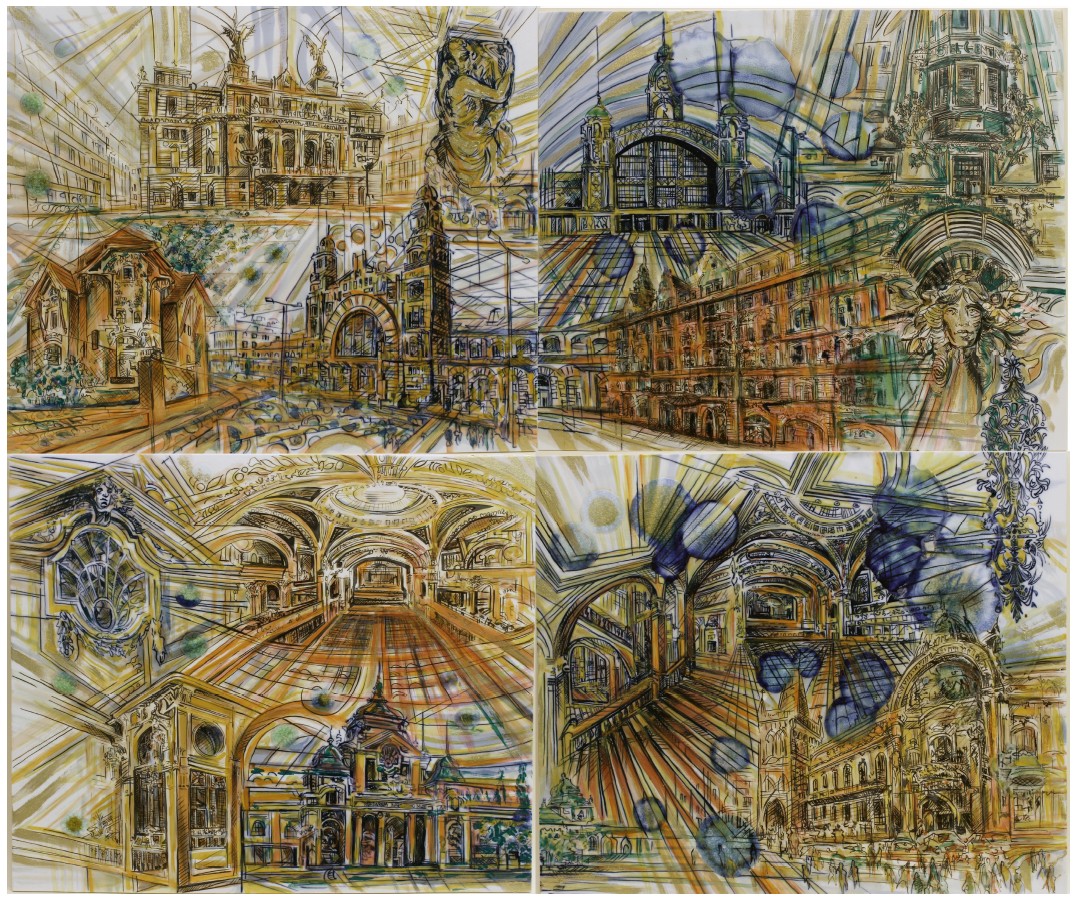 Porcelánový kvartet<br />
„Pražská secese“ čtyřy obdélníkové<br />
desky 84×72cm